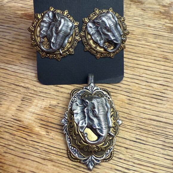 Sonja Lea Eccler elephant earrings two-tone heavy pendant set signed - Picture 8 of 10
